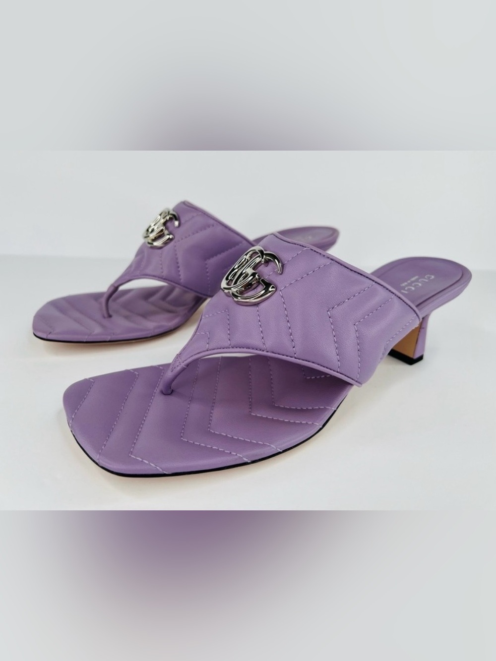 Gucci Marmont Double G Chevron GG Logo  Thong Mule Kitten Sandals Size EU 40